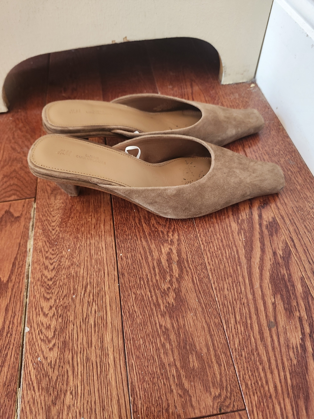 H&M Suede Square-Toe Mules in Taupe Brown